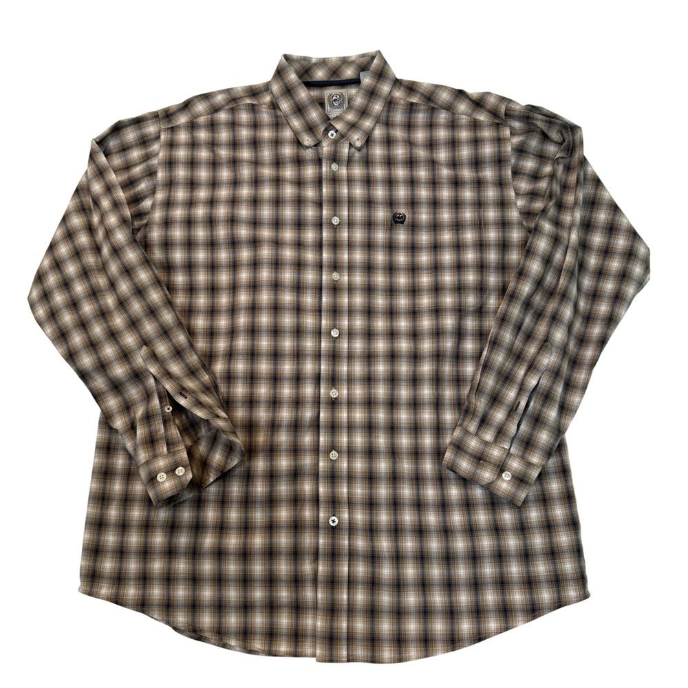 Cinch Mens Plaid Button Down Western Shirt Brown Blue Long Sleeve Cotton Large